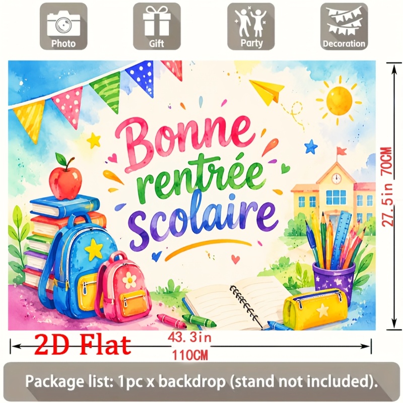 TEMU Plat 2D, [Bannière de Fête Plate 2D] 1pc Toile de Fond de Fête de Rentrée Scolaire avec Pomme, Sac à Dos, Livres, Plusieurs Tailles Disponibles.