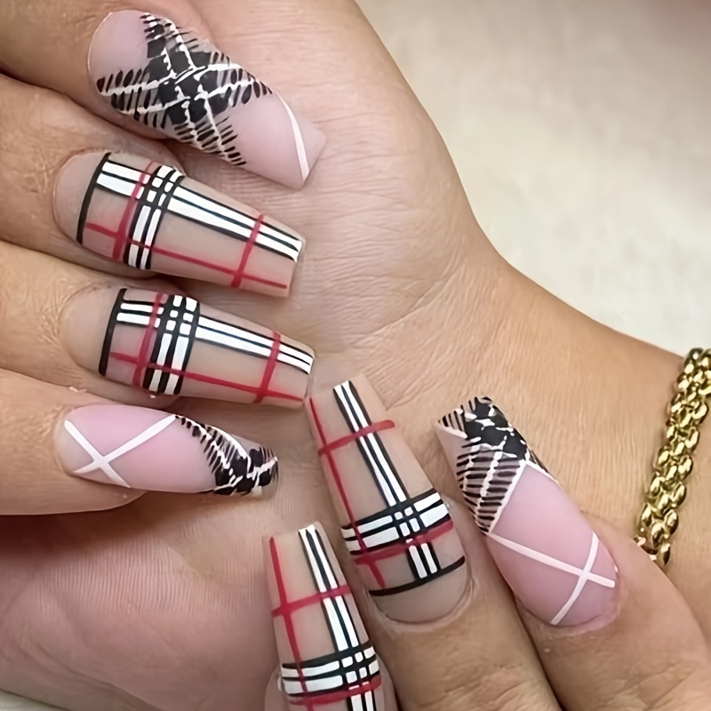 TEMU 24pcs British Academy Style Luxury Wear Nails | Abs Material, Mixed , , Middle Length, Stripe Pattern, Glossy End, Pre- Tips