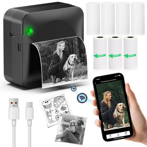 mini portable thermal printer wireless inkless sticker printer 7 rolls of thermal paper suitable for notes receipts and scrapbooks