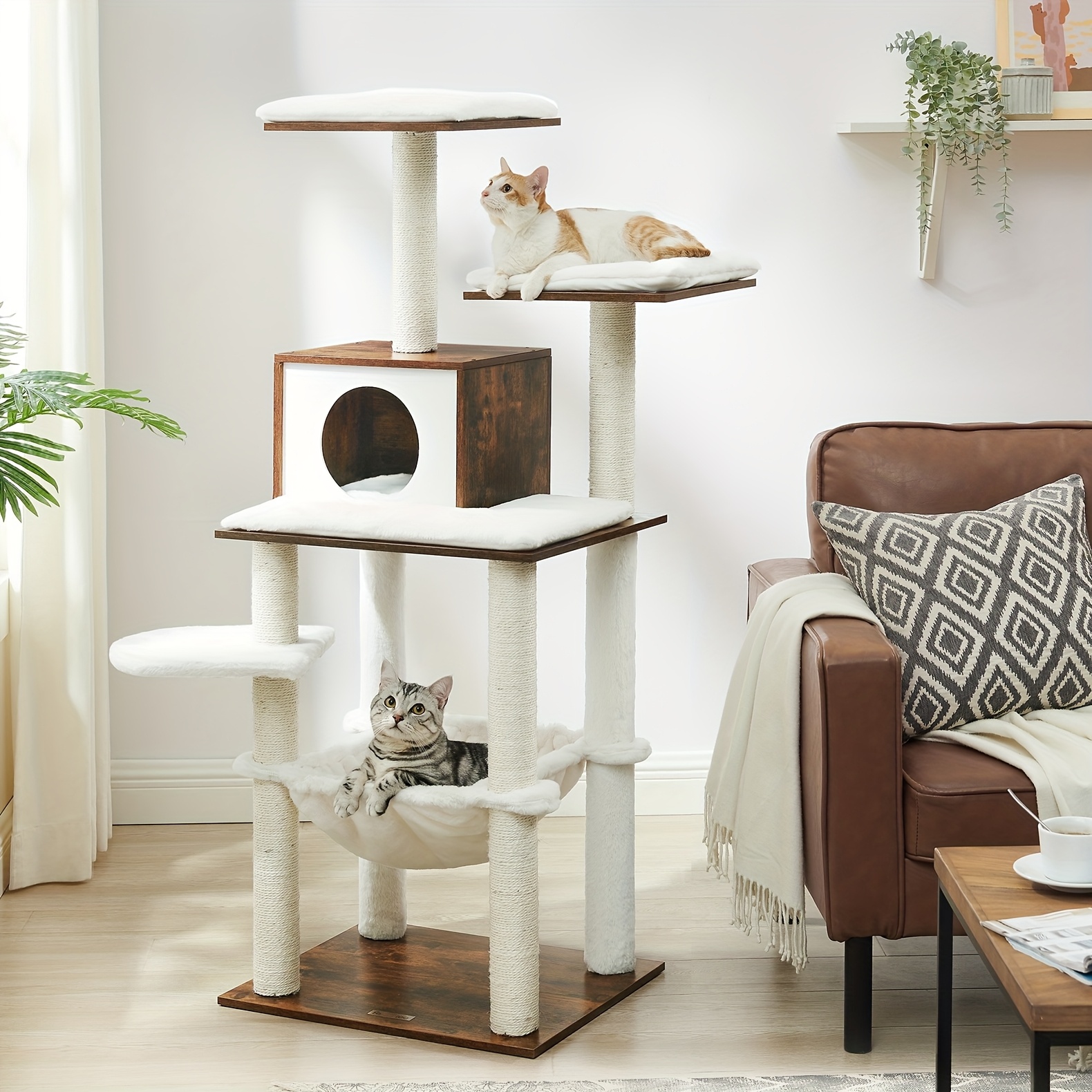 feandrea woodywonders cat tree 54 3 inch multi level cat condo modern cat tower for indoor cats ultra soft plush scratching posts hammock removable washable cushions