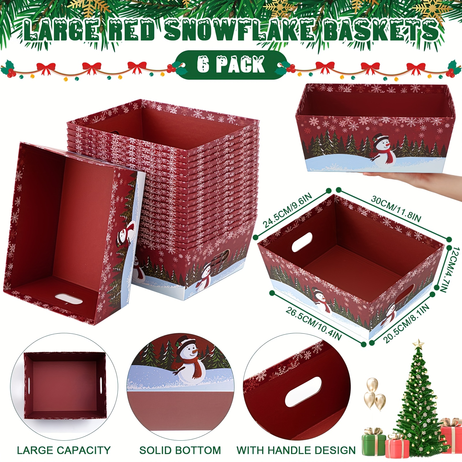 6 Sets (12 Large Baskets) Red Christmas Gift Baskets with Snowman Design & Sturdy Cardboard Construction - Assembly with Handles, Spacious Empty Baskets for Holiday Parties, Xmas Decorations, Gift Wrapping & Storage - Durable Party Supplies for Home