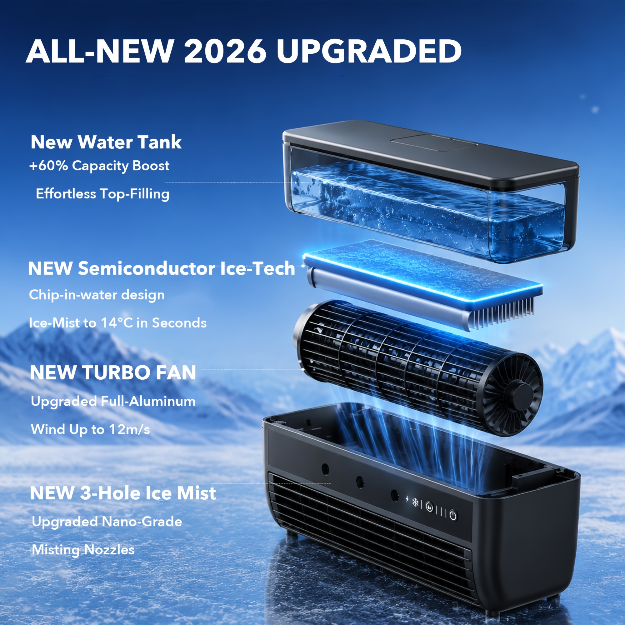 HEARNICE Ventilateur et Humidificateur à Brume Glacée 3-en-1 USB avec Affichage Numérique Intelligent, Système de Refroidissement à Semi-conducteur, Brumisation à Trois Buses Adapté pour la Maison, le