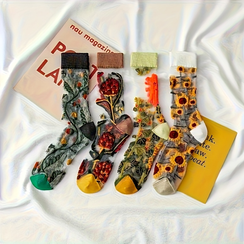 E-shop 4 Paar Sommer Neue Dünne Glas Blumen Mid-Calf Socken Atmungsaktive Spitze Damen Socken