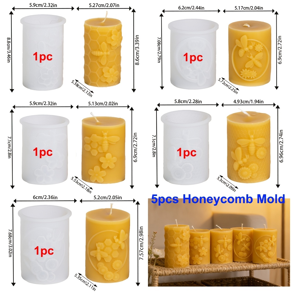 TEMU Set da 5 stampi a colonna ZHONGHUI MOLD in silicone con goffratura a d'ape e - Stampi cilindrici riutilizzabili adatti per candele di