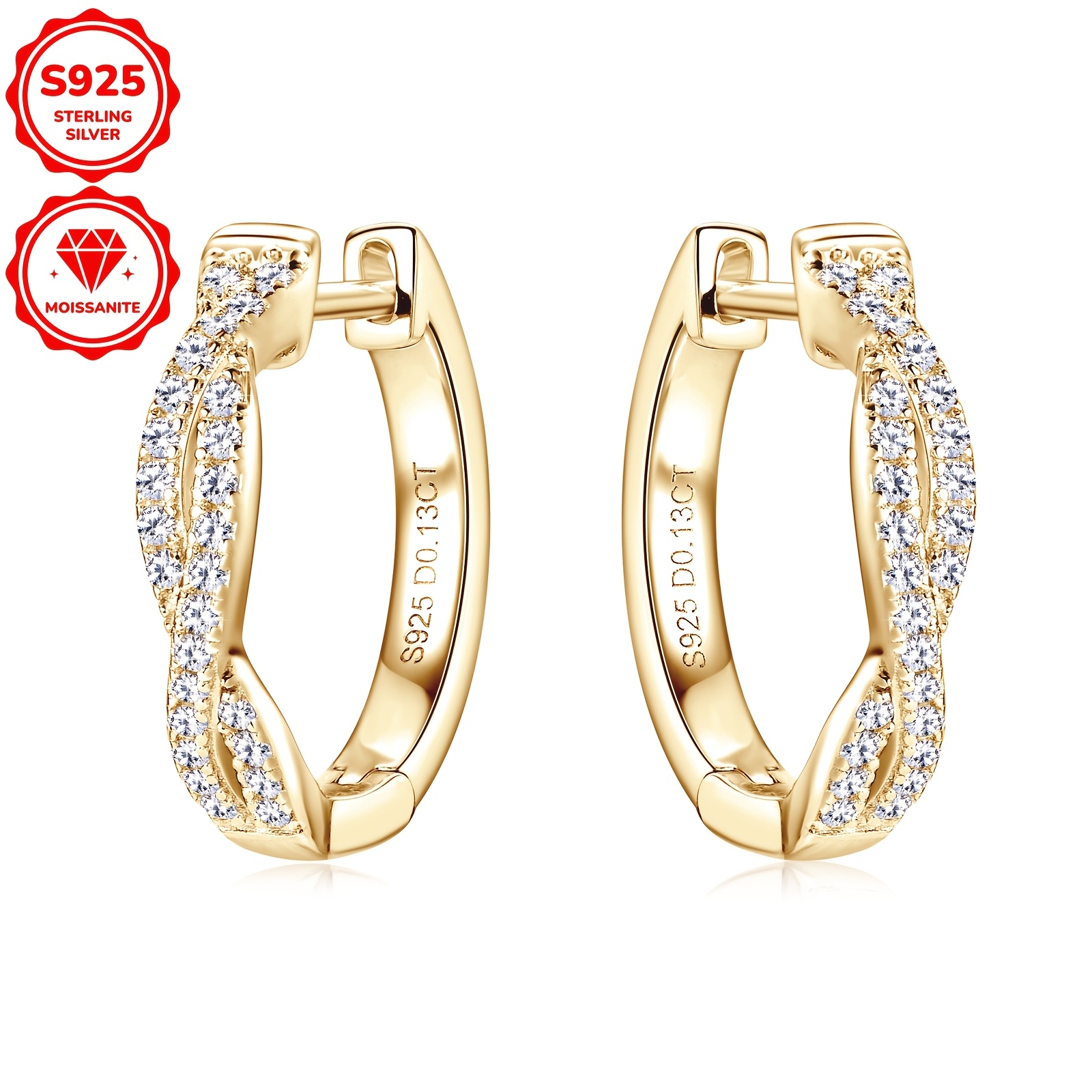 

1 Pair Elegant 14k Golden Plated 925 Sterling Silver Hoop Earrings With Synthetic Moissanite Stones, Twisted , April Birthstone, Wedding & Vacation Jewelry, Christmas Holiday Gift, All Compatible