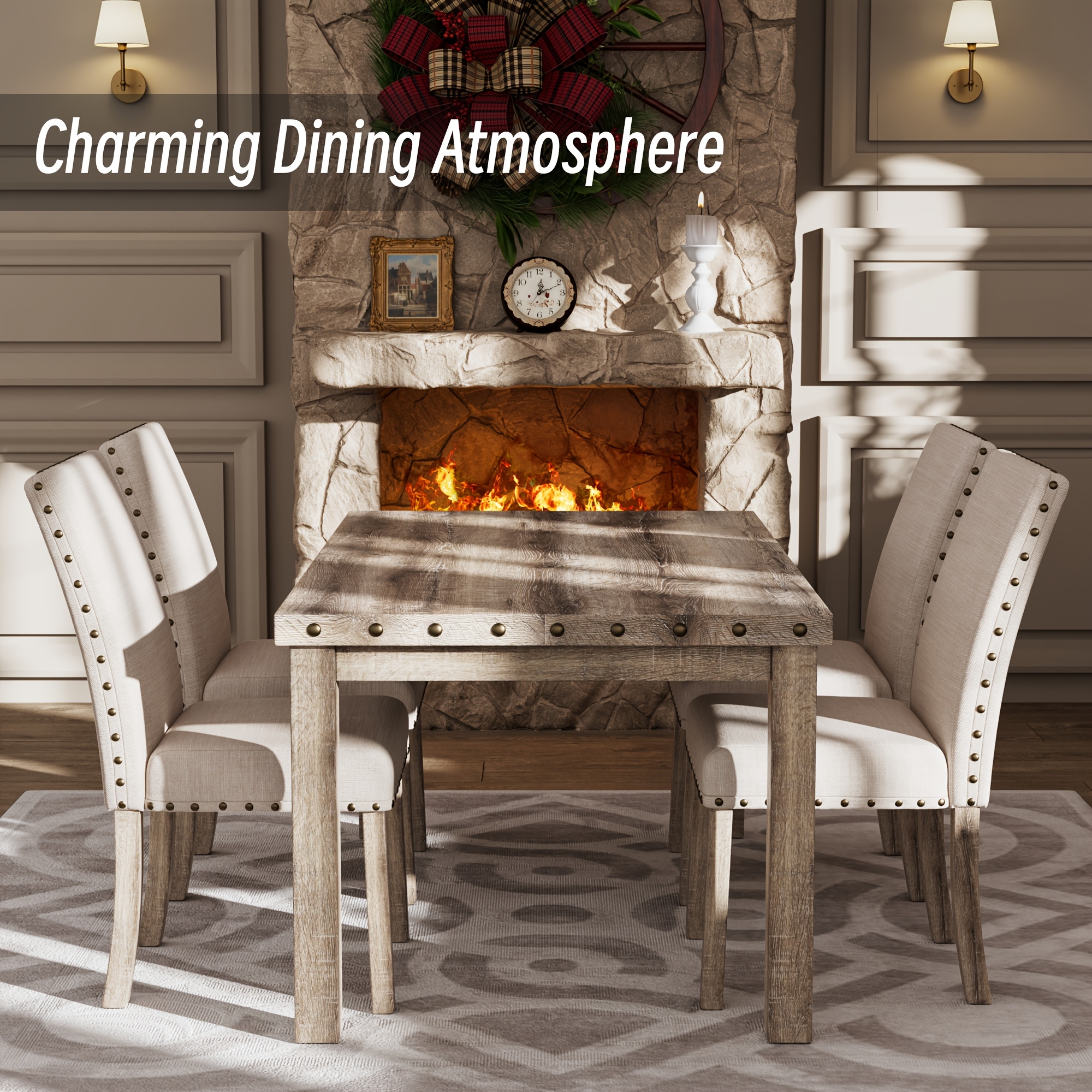 rustic dining table set farmhouse kitchen dining chairs   60 rectangular wooden table upholstered chair with   accents for dining hub   Product details 1