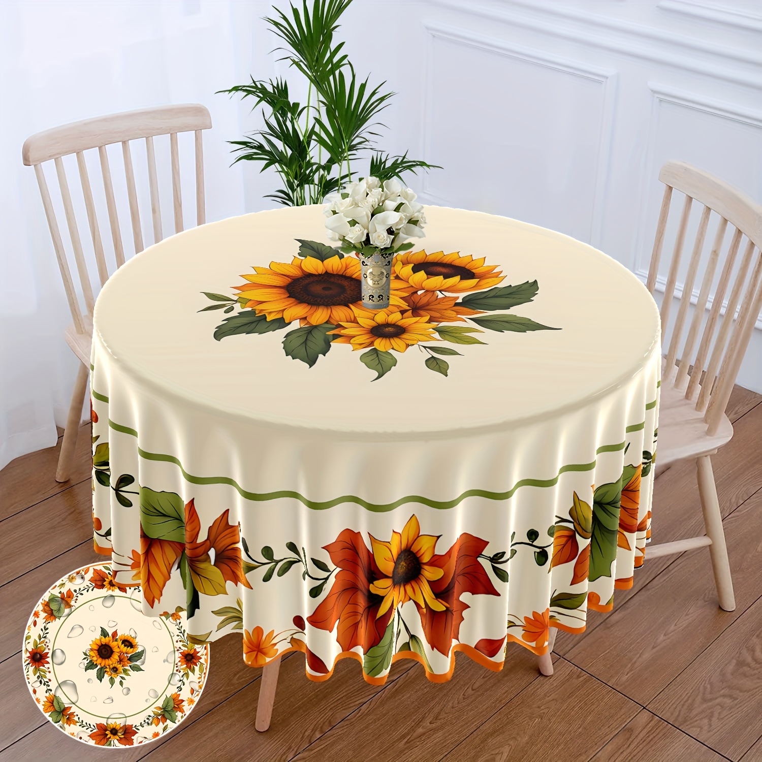 

Sunflower Floral Round Tablecloth, 63-inch Autumn Theme Polyester Table Cover With Green Leaves Pattern, Machine-woven For Indoor & Outdoor Use, Ideal For Garden Picnics And Patio Dining - Pack Of 1