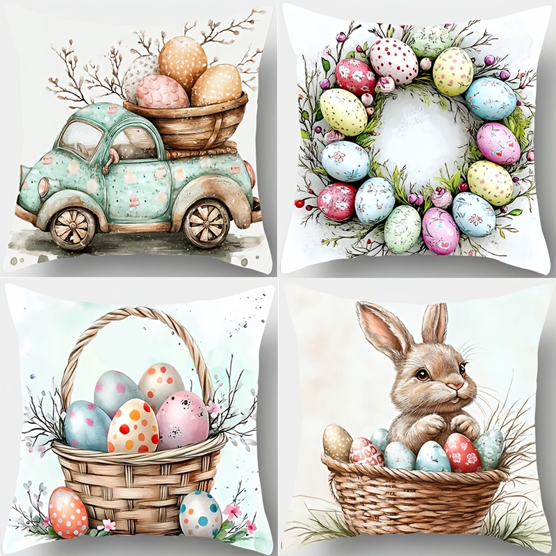 

4pcs Contemporary Easter Throw Pillow Covers, 17.7" X 17.7", Polyester Decorative Zippered Cushion Cases, Machine Washable, Woven, With & Bunny Room