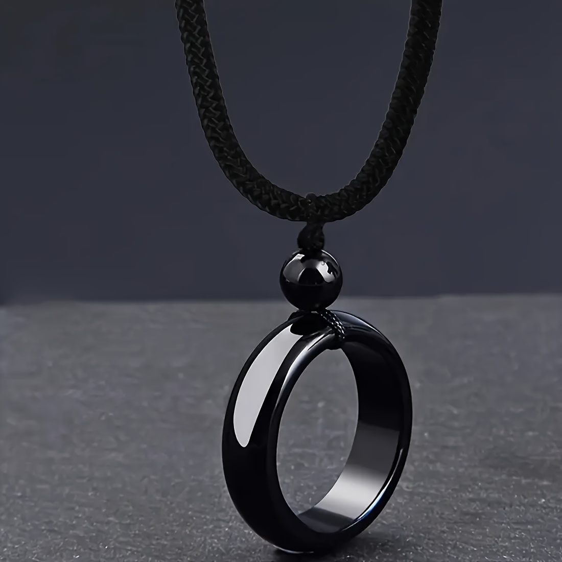 Men's Black Agate Ring Design Pendant Necklace, Elegant Gift