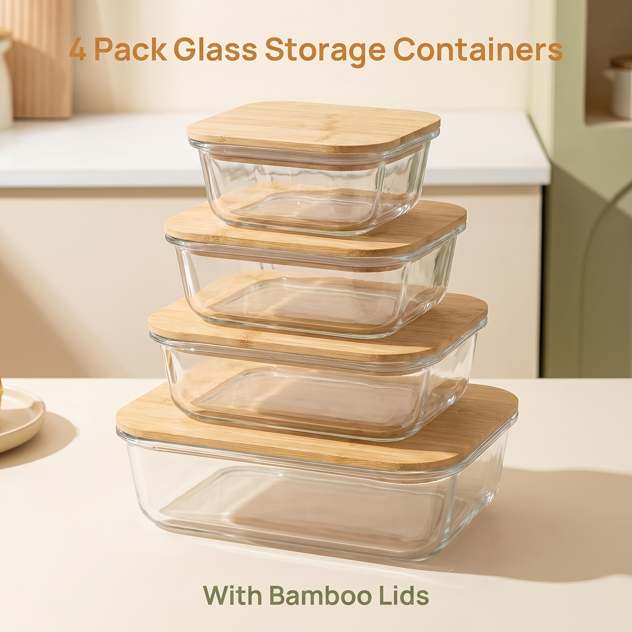 TEMU Lot de 4 Récipients de Conservation Alimentaire en Verre avec Couvercles en Bambou, pour Préparation de Repas