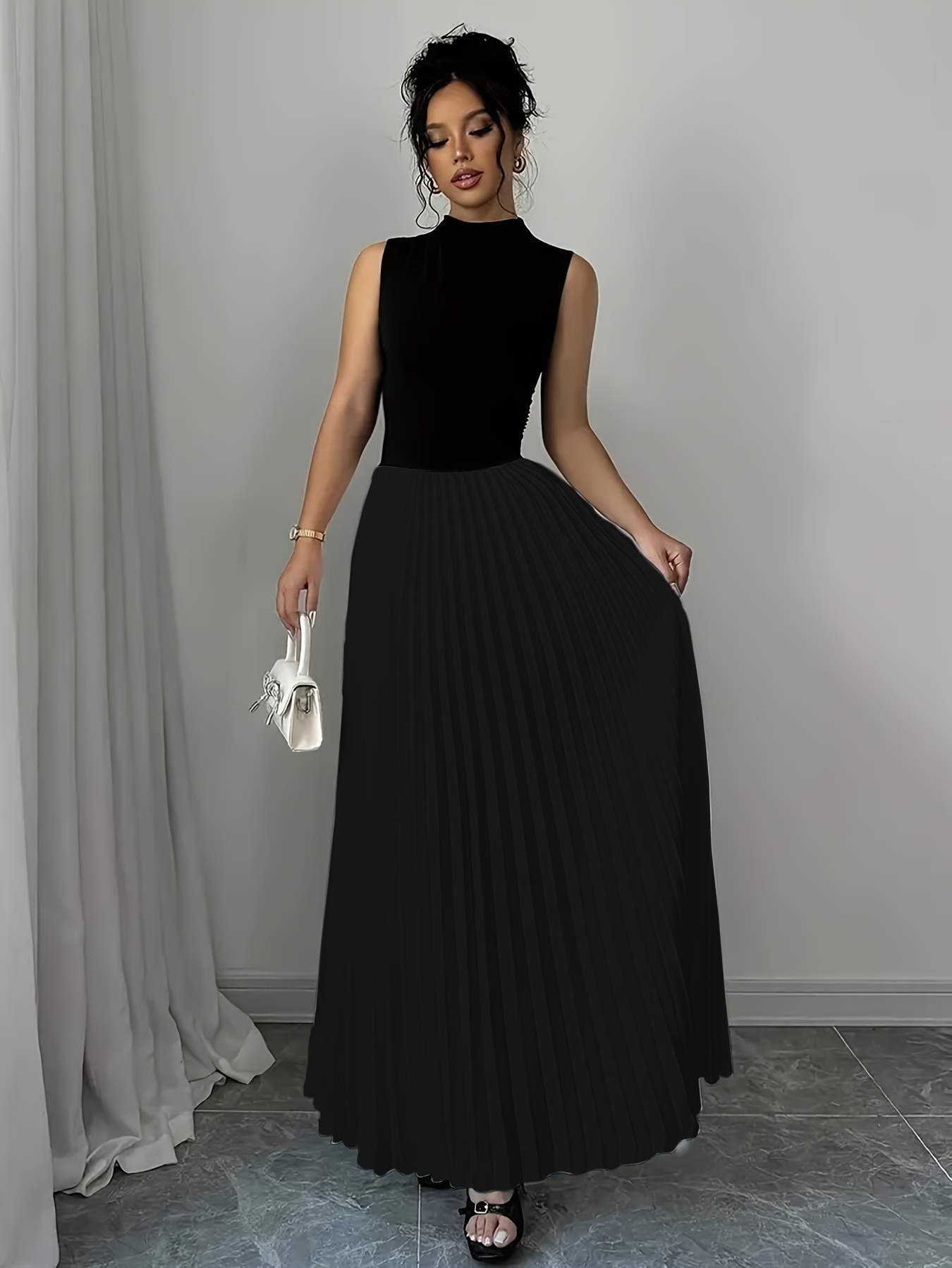 womens elegant sleeveless black maxi dress polyester high - Temu South  Africa