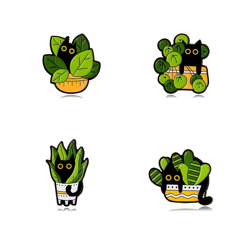 Image of 4pcs Fashion Cartoon Potted Plant Brooch Set - Cute Cat Series Badges, Sweet And Fresh Accessories For Student Bags And Clothing