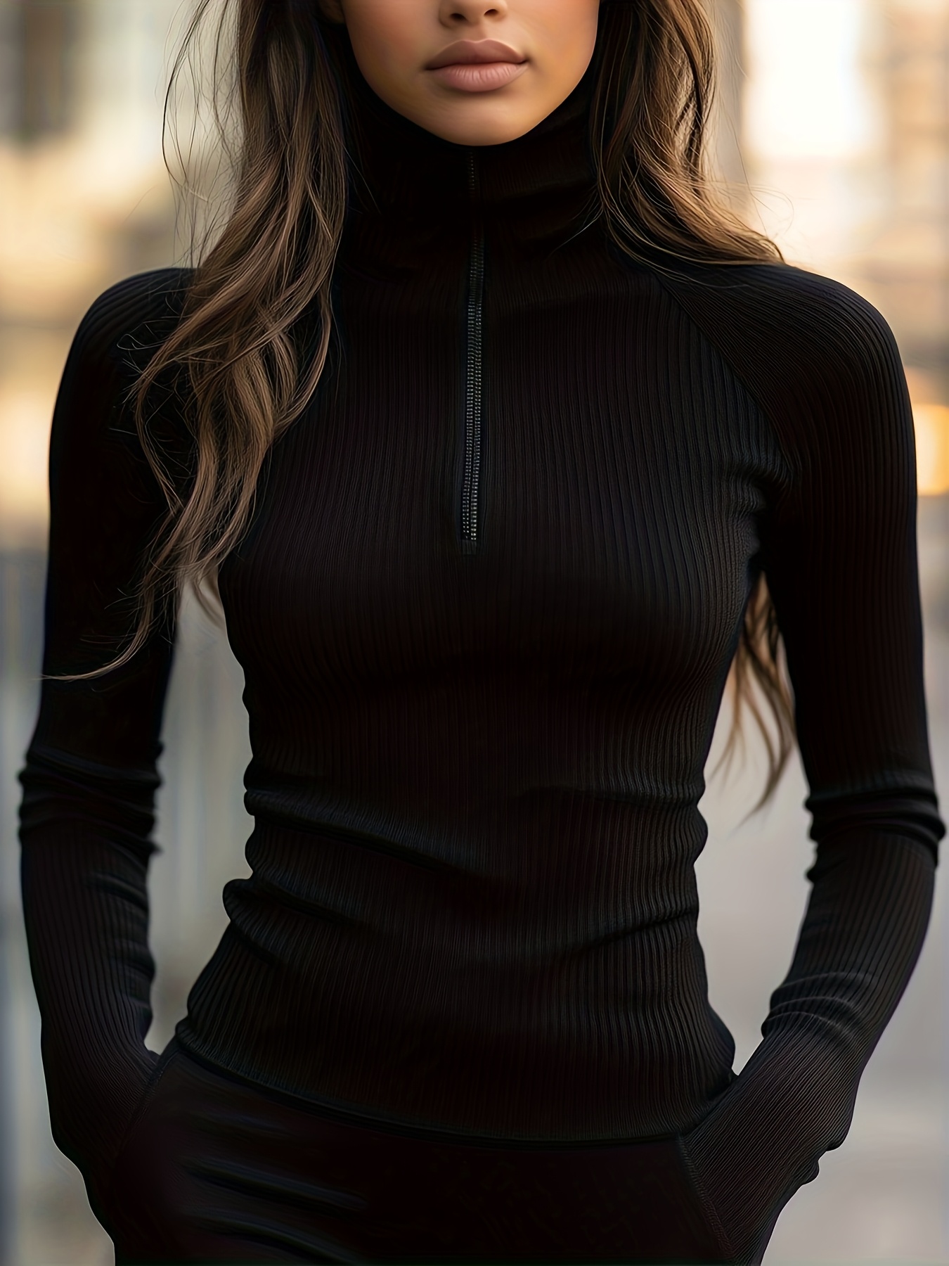   high neck base layer womens autumn high end zipper half open lapel pullover top
