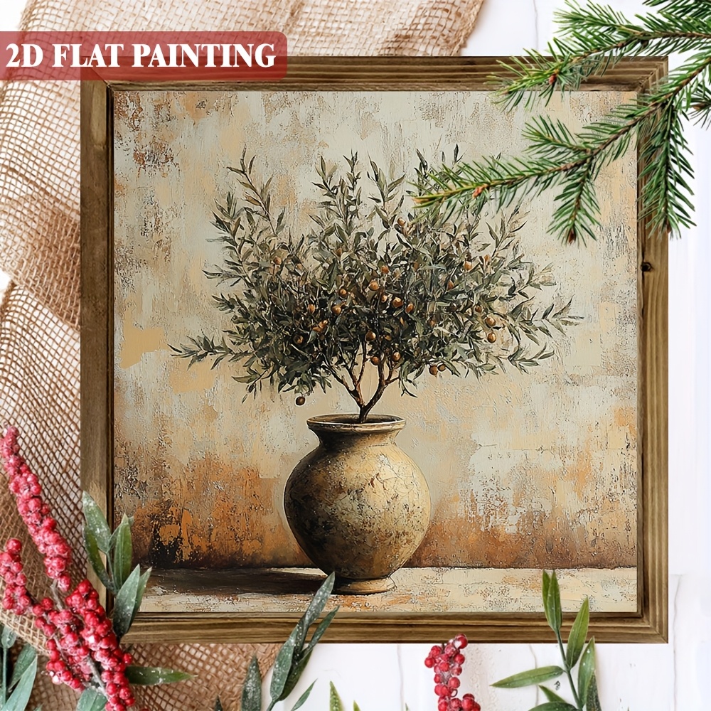 TEMU 1pc Olive Tree In A Vase Wooden Wall Art, 8x8 Inch Rustic Framed Decorative Sign, Multipurpose Desktop Ornament For Living Room & Office, Ideal