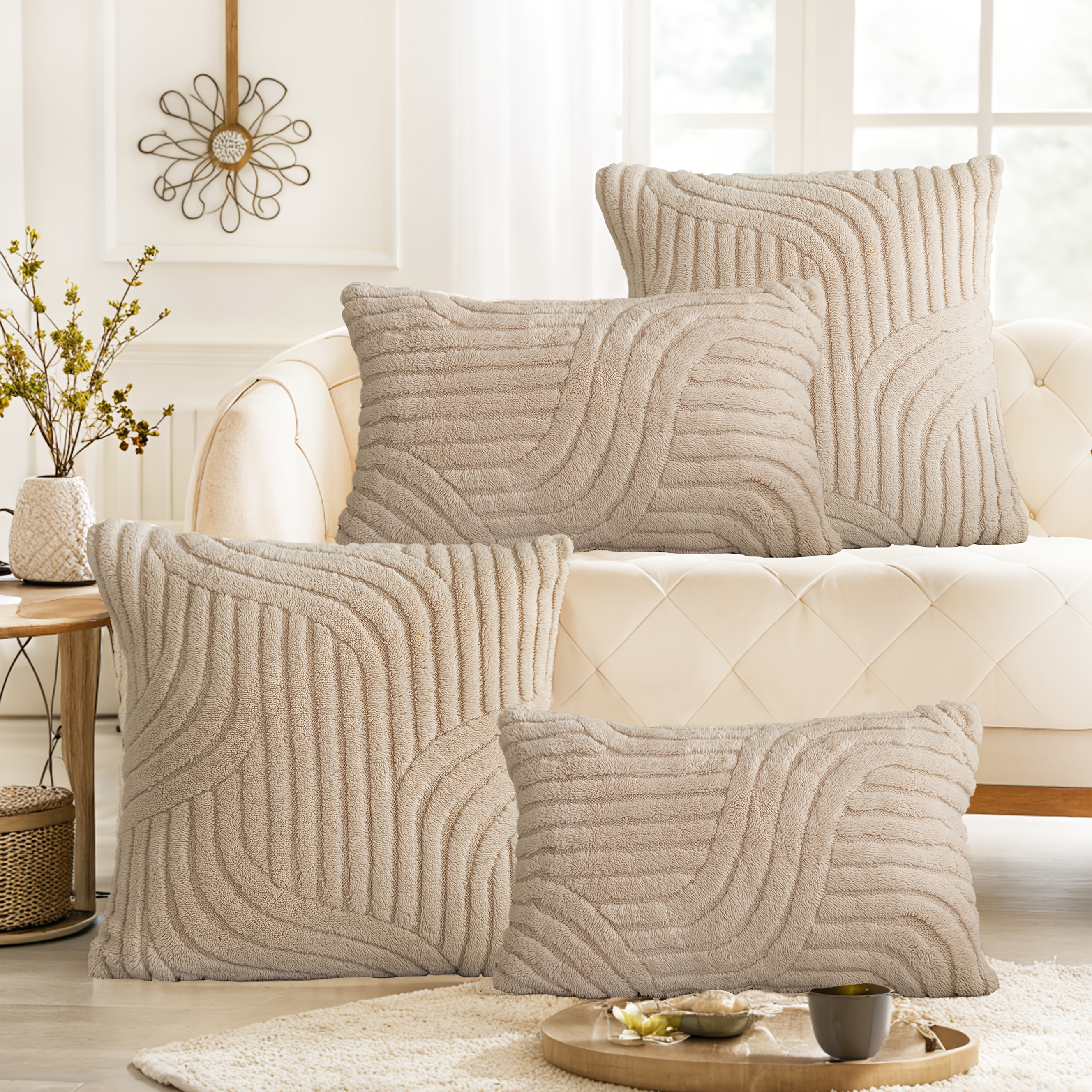 E-shop 4er-Set, Boho Abstrakte Linien Kissenbezüge, Weiche Plüsch Kissenbezüge für Zuhause, 12In X 20In, 18In X 18In, Weiche Flauschige Dekorative