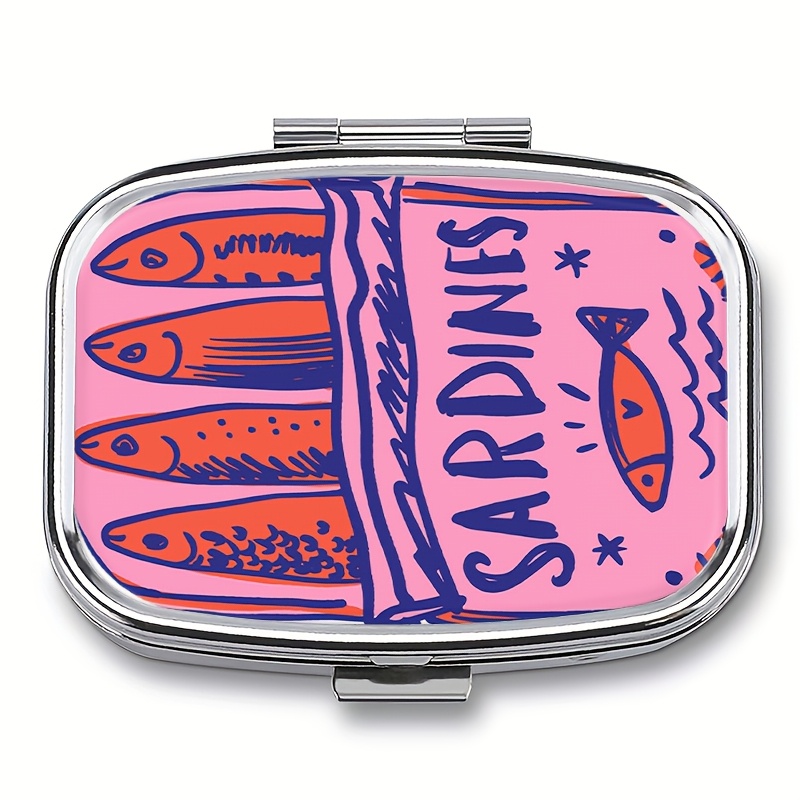 Image of Cute Print Metal Pill Case, Portable 2-compartment Mini Pill Organizer, Small Travel Medicine Box For Pocket & Purse
