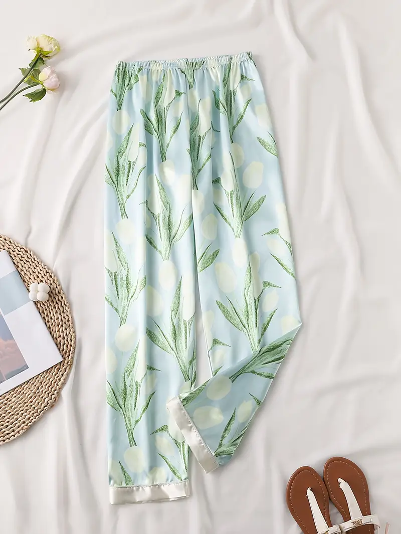 2pcs elegant satin apricot suspender top and tulip print pants set for women sleeveless button detail sleepwear adult size elegant sleepwear tulip pattern pants satin apricot top apricot sleepwear Product details 2