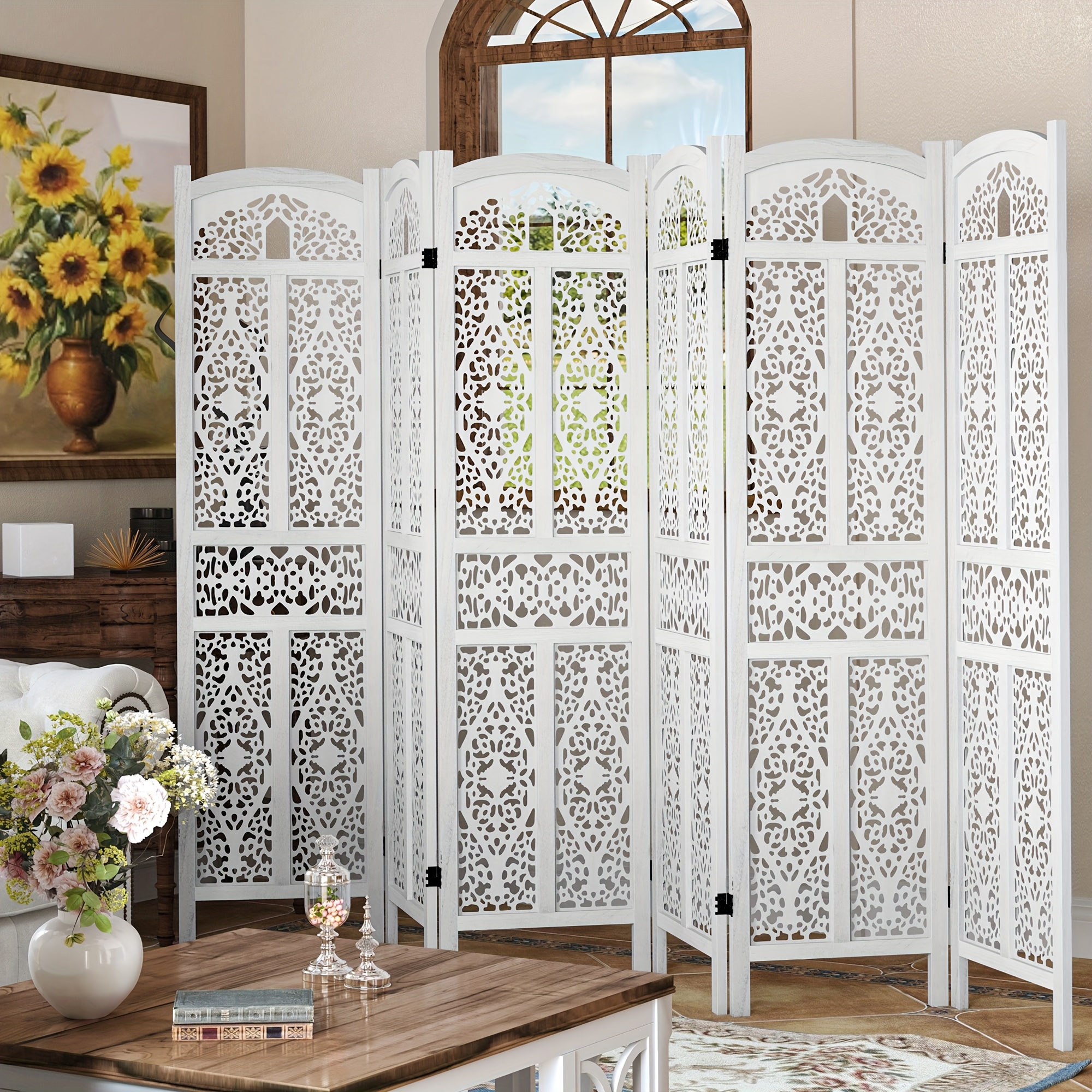 Handmade 4 or 6 Panel Floral Carved Wood Room Divider Screen - Freestanding Folding Privacy Partition with Burning Walnut & White Finish, Ornate Lattice Design, Lightweight Portable for Home Office Hotel Decor, Space-Saving Decorative Partition