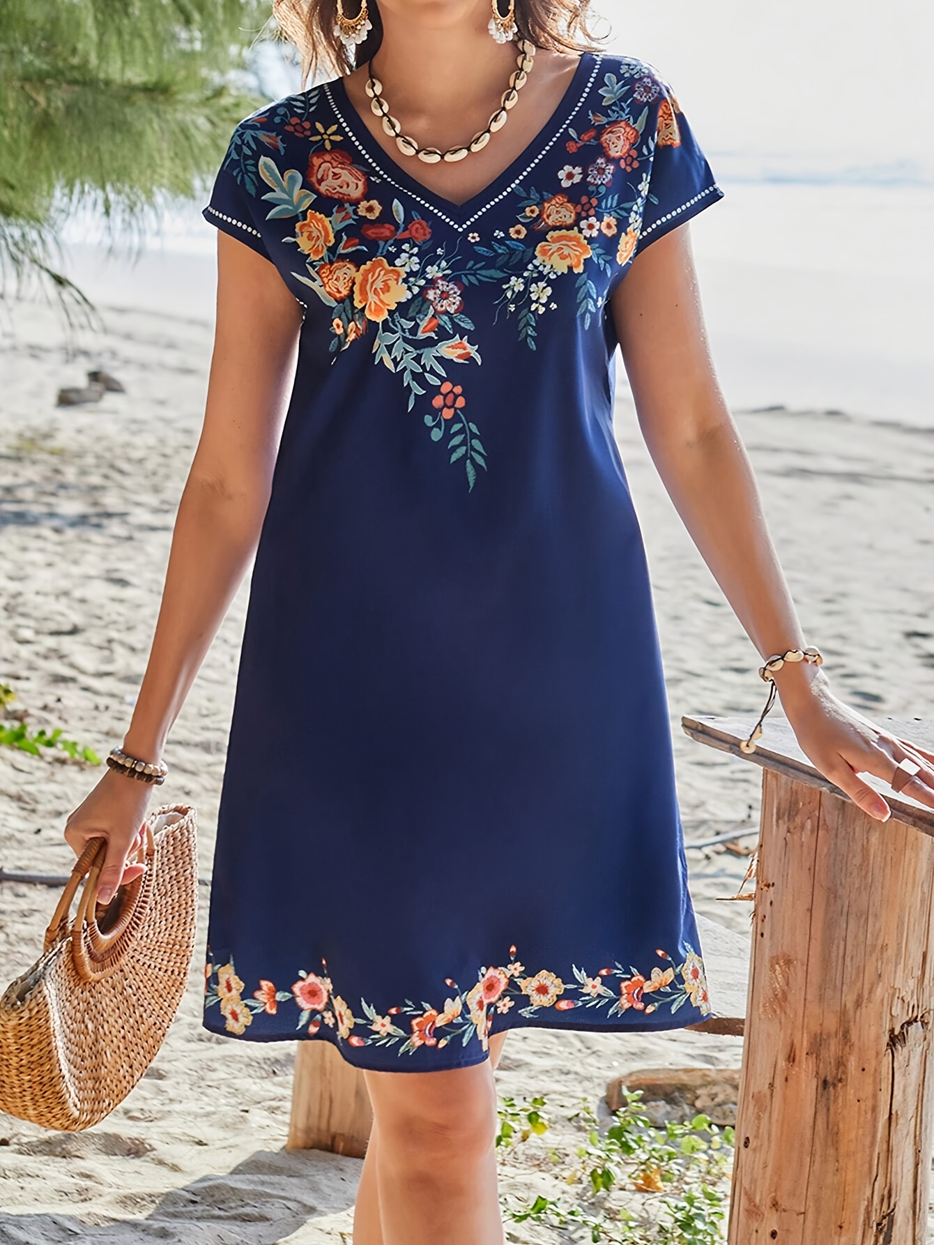 Women's Floral Print V-Neck Short Sleeve Dress Casual *-Length Machine  Washable Summer Dress with Relaxed Fit Vibrant Floral Pattern for Spring/