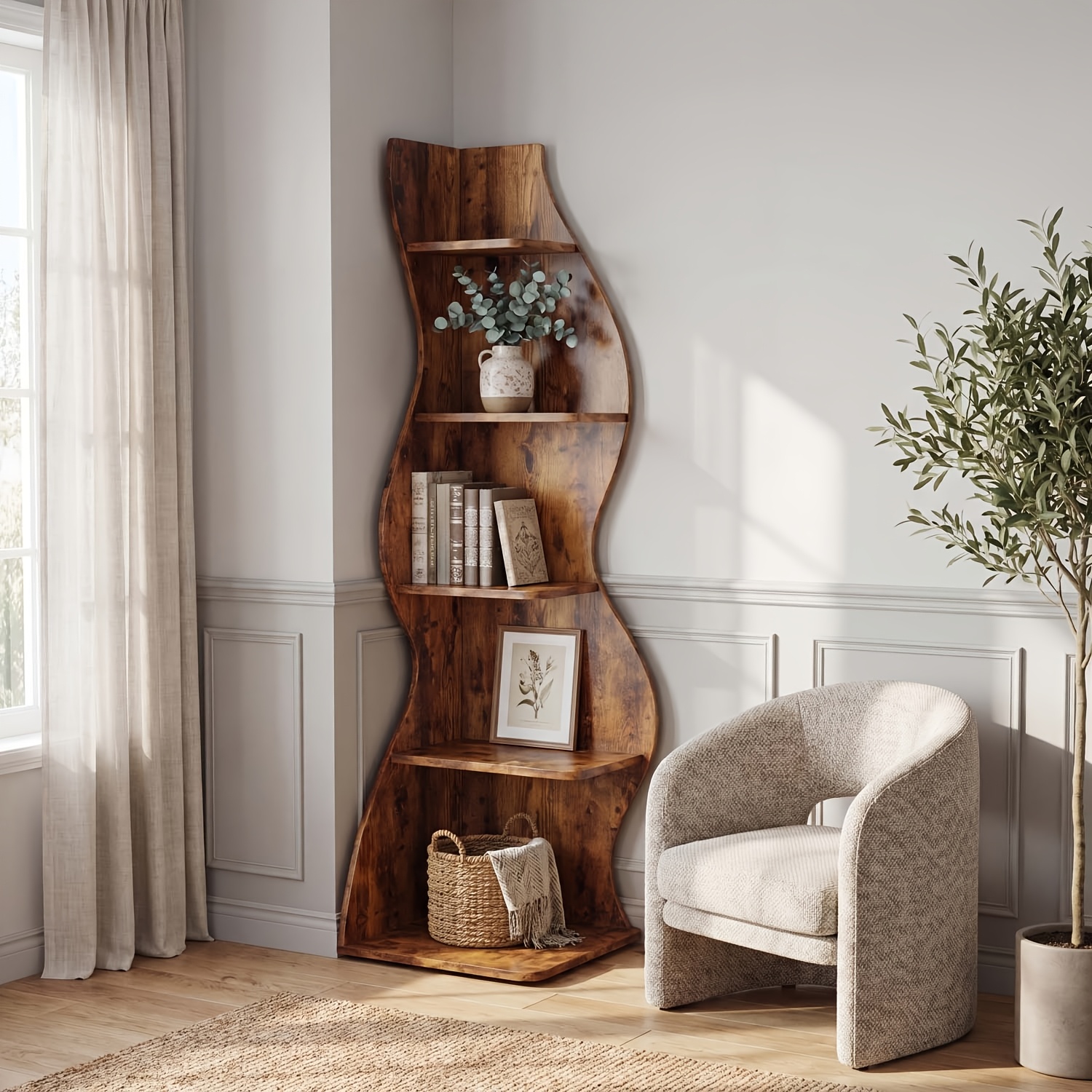 Corner Shelf, Modern 5-tier Wall Corner Bookshelf, Stylish Corner Small Bookcase Storage Rack Plant Stand With Unique Shape For Living Room, Home Office, (1pc)