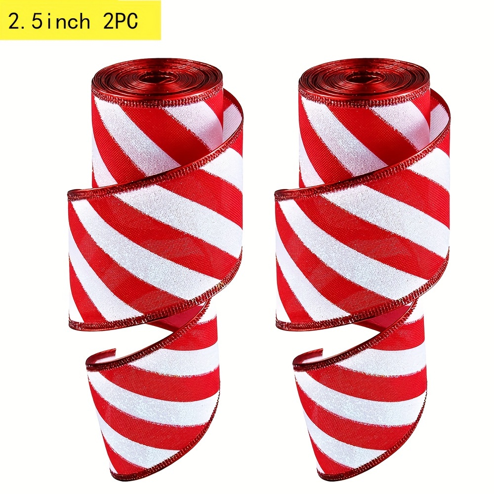 

2-piece 2.5" Christmas Peppermint Stripe Ribbon - Red & White Glitter Wired Fabric For Diy Crafts, Tree Bows, Wreaths & Home Decor