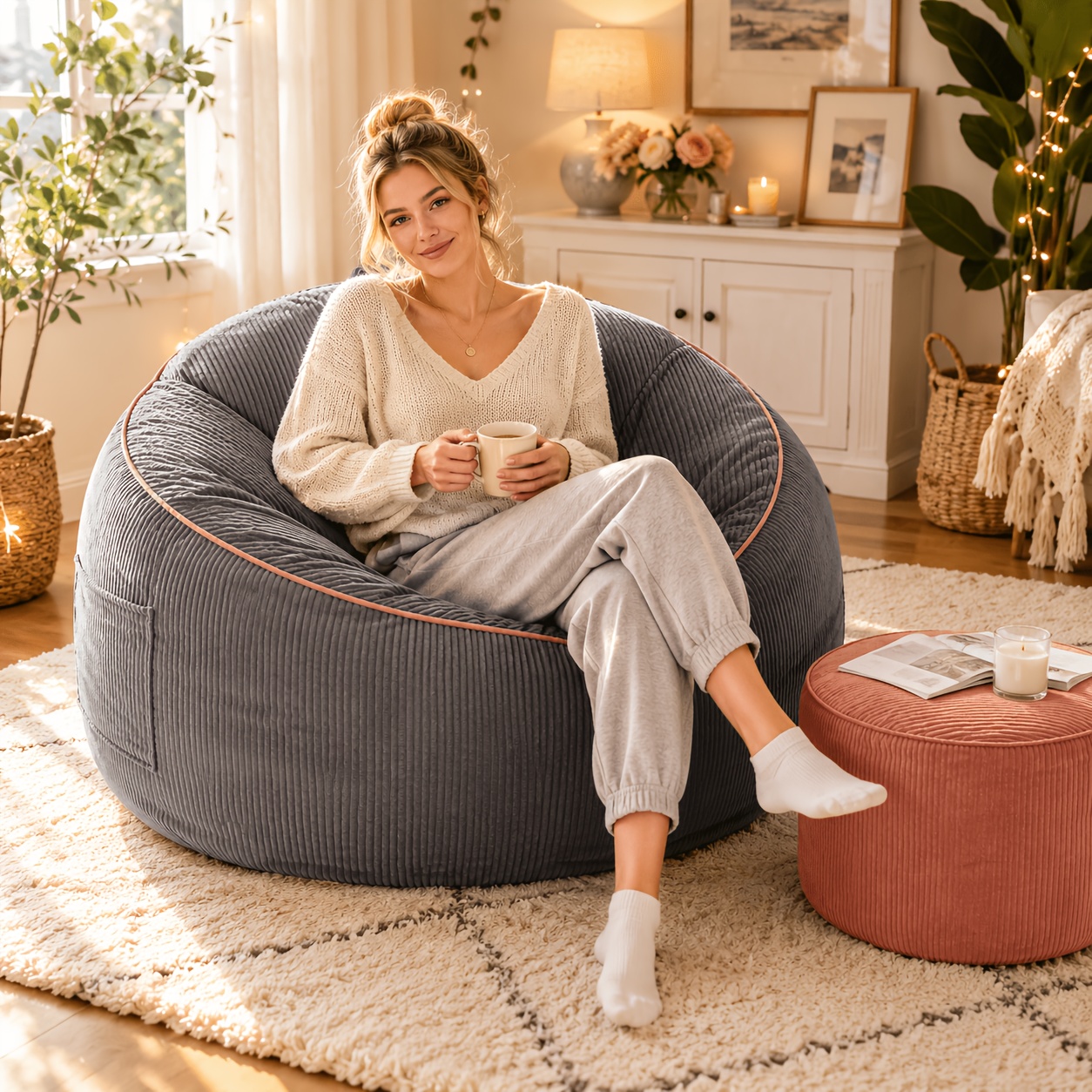 Image of Easy-to-move Lazy Sofa, Fireplace Bean Bag Chair, Filled With High-quality Sponge, With Footrest, Suitable For Living Room, Bedroom, Study, The For Watching Movies