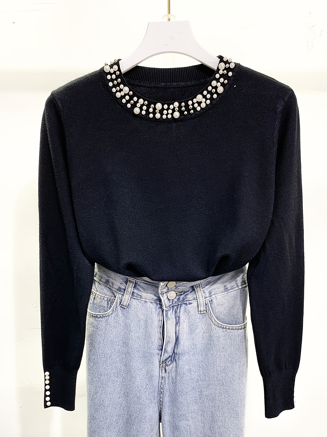 damen perlenpullover langarm rundhals perlenknopf front Temu Germany