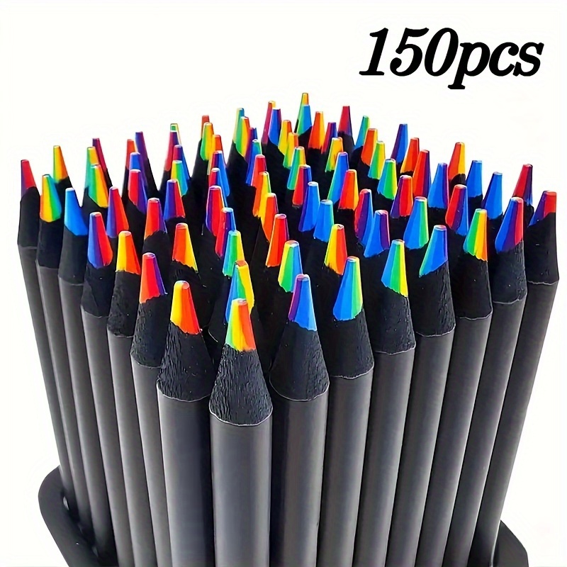 

150 Count Non-sharpen Vibrant Rainbow Water Soluble Wood Pencils - 7 In 1, Black Wooden Colored Crayons For Art School Supplies, Home, School Classroom, Drawing, Coloring, Creative Learning