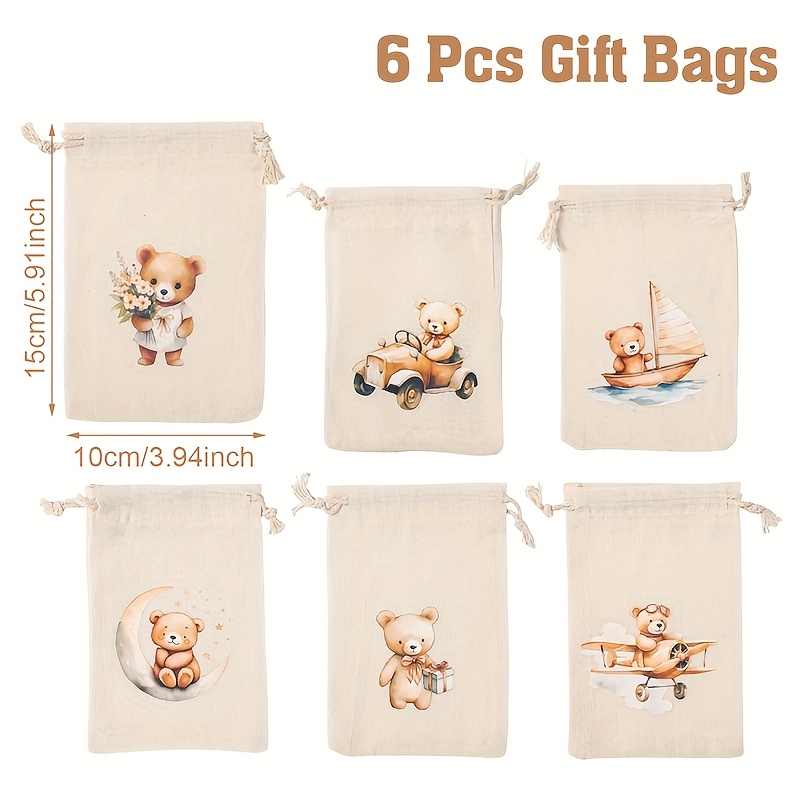 Image of 6pcs Bear-themed Gift Bags With Cute Brown Bear & Teddy Bear - Adorable Shower, Wedding, Birthday Party Favor Bags, Drawstring Closure For 1st Birthday Party Decorations, Wedding Bridal Party Supplies