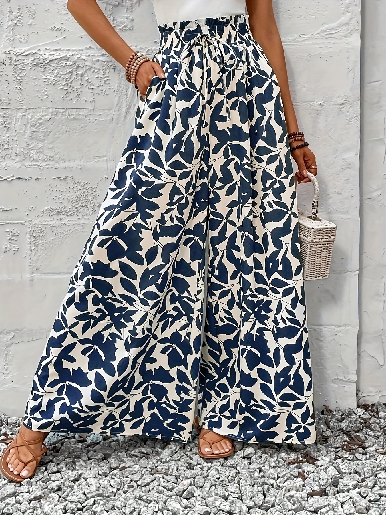 summer elegant chic romantic womens printed ruffle waistline wide leg casual loose vacation trousers   drawstring  