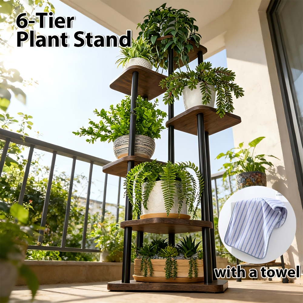 TEMU Étagère à plantes en métal à 6 niveaux avec une serviette, support d'angle pour fleurs pour une utilisation intérieure et extérieure. Étagère à
