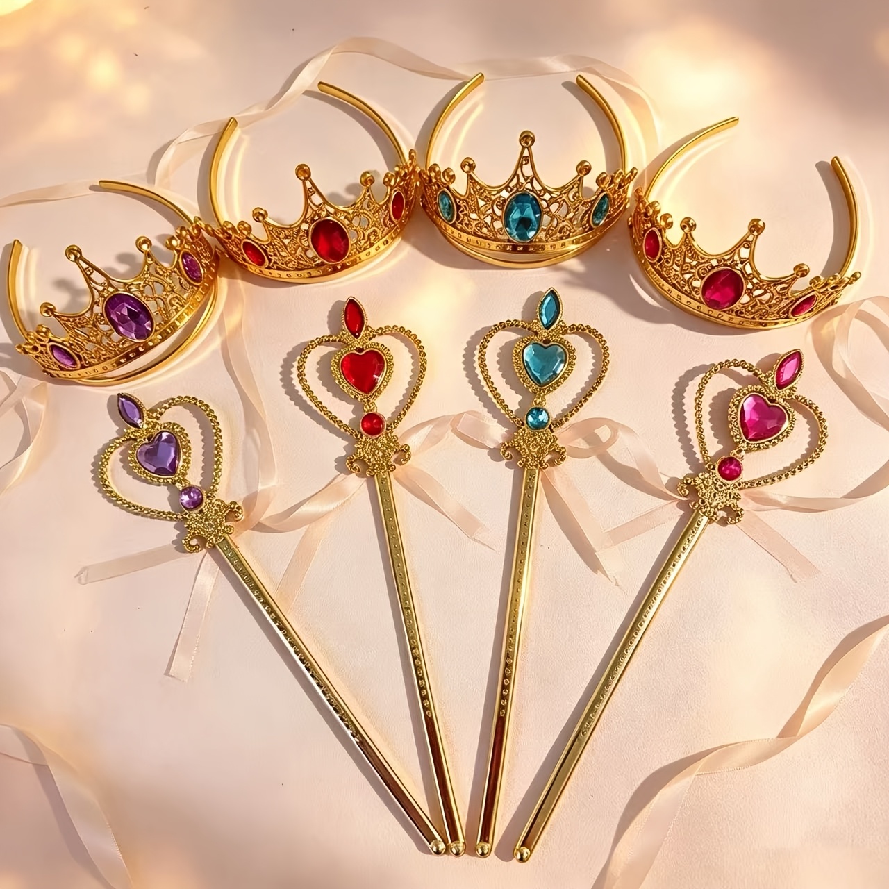 4pcs Golden Gemstone Crown Headband and Heart Magic Wand Set
