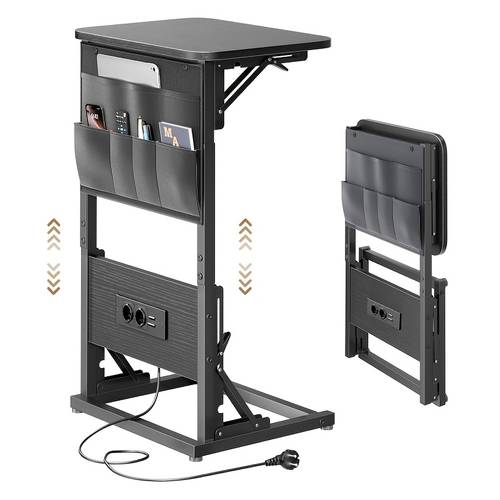 c-förmiger beistelltisch mit ladestation - kompakter sofabeistelltisch, 3-stufig höhenverstellbar (66-72cm/25.9-28.3in) faltbarer beistelltisch mit aufbewahrungstaschen für kleine räume, schlafzimmer, wohnzimmer
