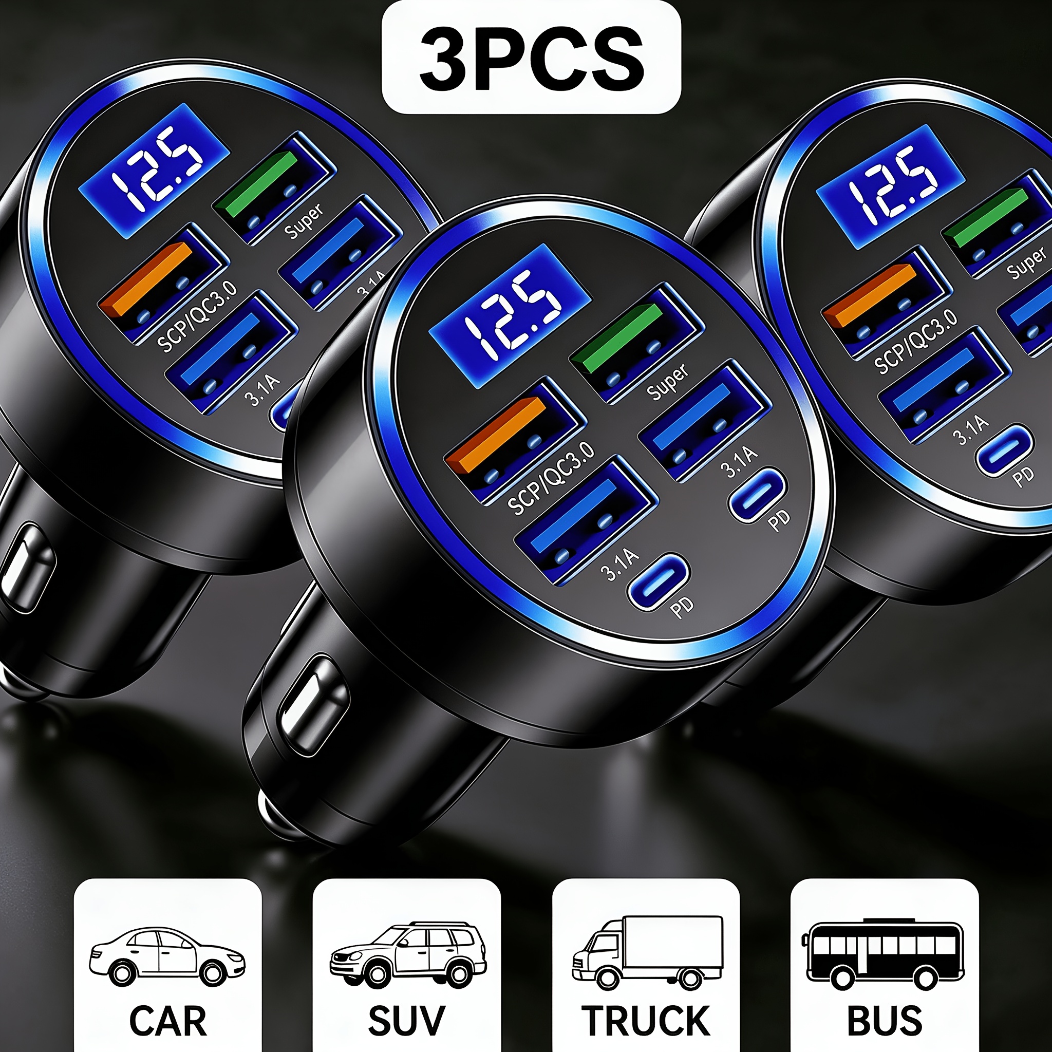 TEMU -pack 120w 6-in-1 Car Car Charger With Led Voltage Digital Display, 2 Pd Type-c & 4 Qc3.0 Usb Fast Charging Adapter, No Built-in Battery,