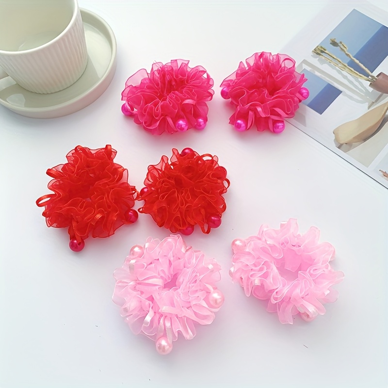 Image of 6pcs Purple, Blue, Orange, Red, Pink Cute Bun Hair Ties For Little Girls, Daily Accessories, Shiny Fabric
