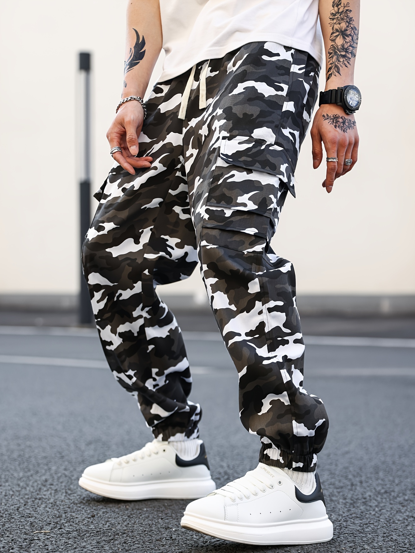 Pants Mens Black White Grey Camo Pants Men's Casual Tapered