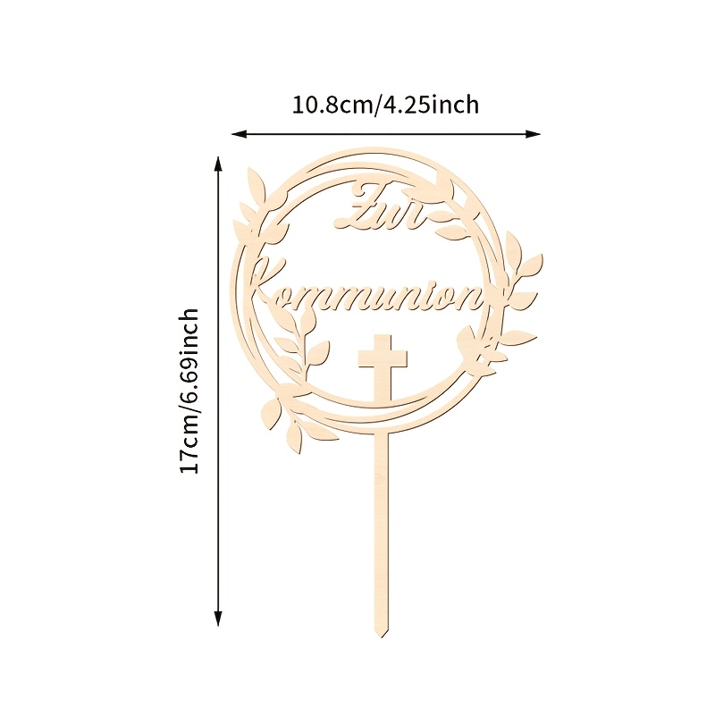 Image of 1pc Germany Zur Cake Topper Wooden First Holy Communion Cake Topper, Laser Cut Hollow Wreath With Leaf Wooden Cake Decorating Supplies For First Holy Communion, Confirmation Party Decoration Supplies