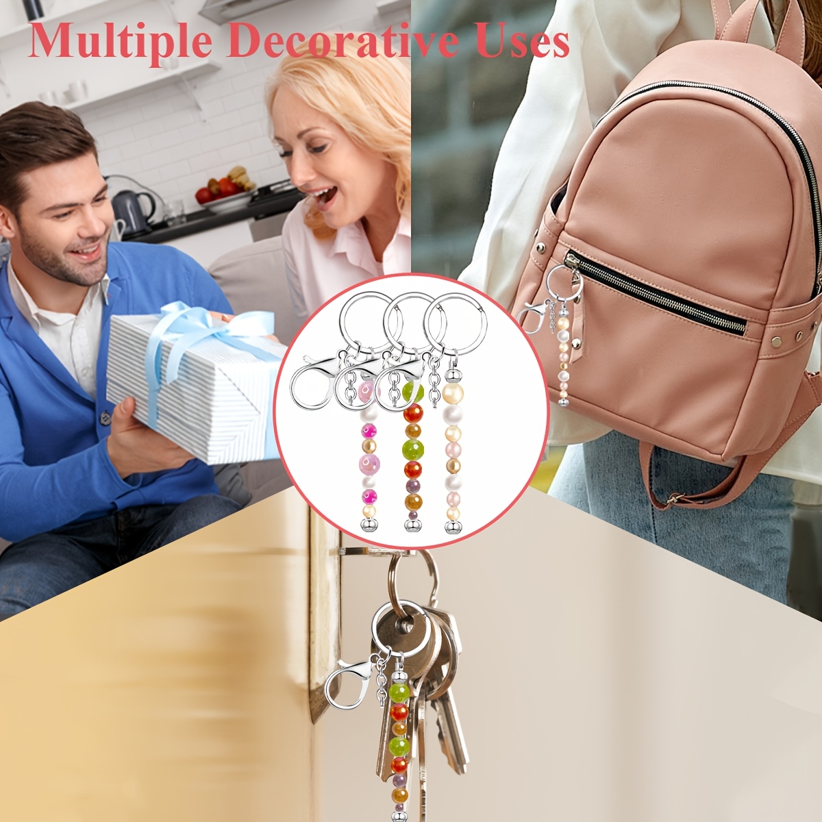 12pcs Stainless Steel Beadable Keychain Blanks Kit with Rose Gold and Silver Charms for Crafting