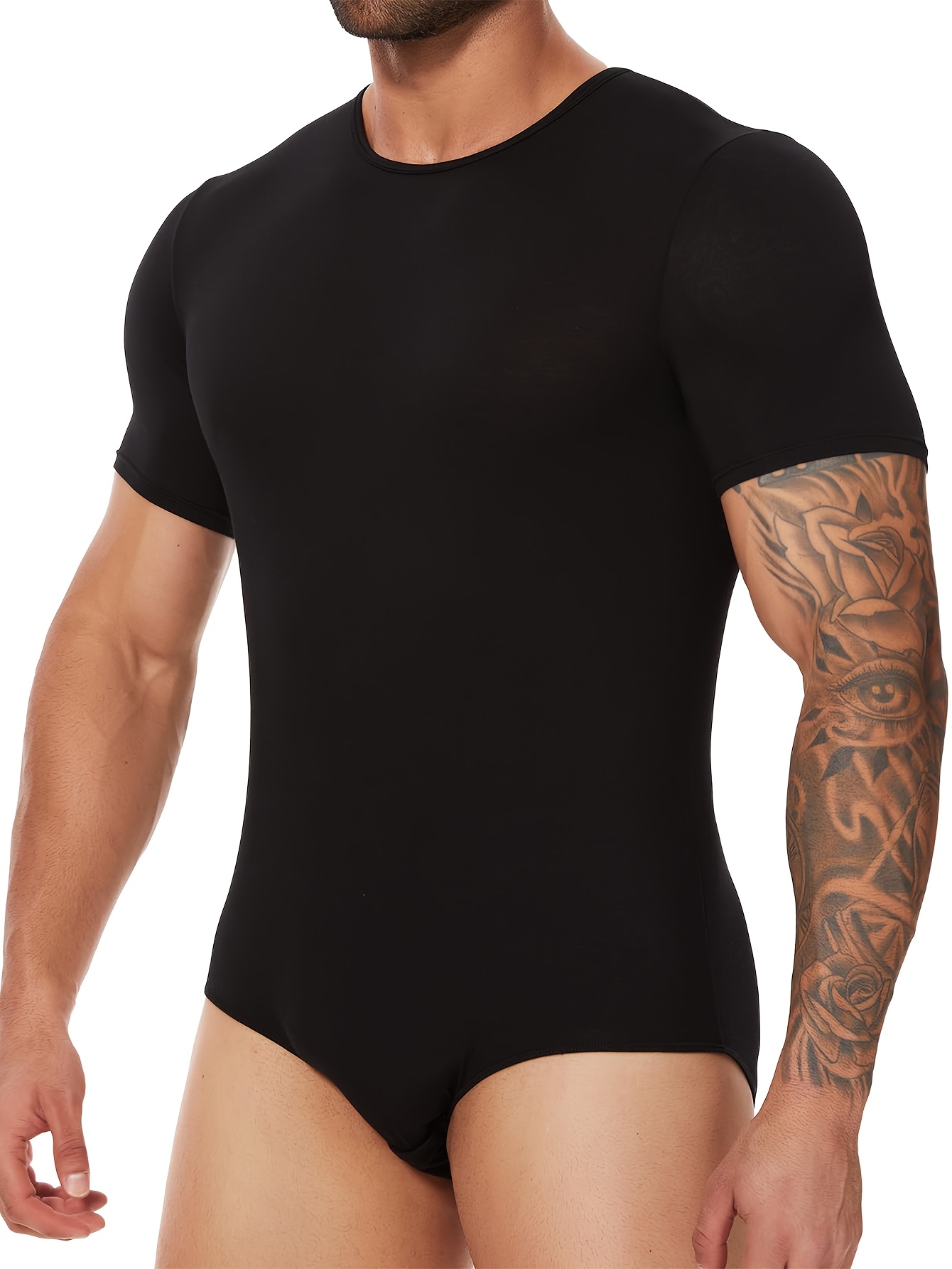 1pc mens lightweight short sleeve bodysuit stretchy breathable viscose fabric crew neck     fit for casual wear