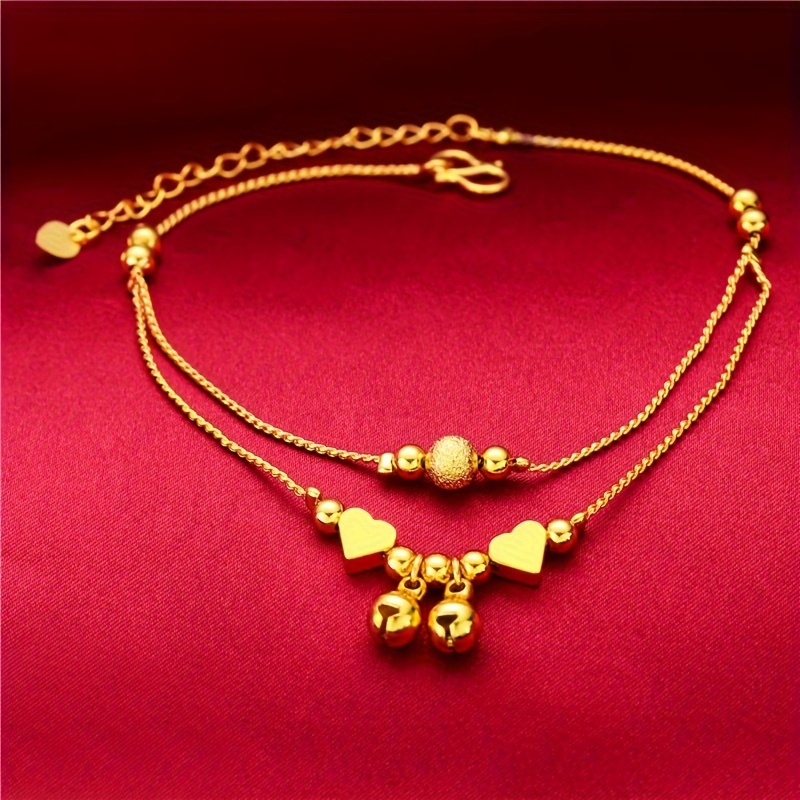 vintage luxurious 24k golden plated   anklet with heart charms and bells copper no mosaic for women fashion jewelry for weddings parties   details 4