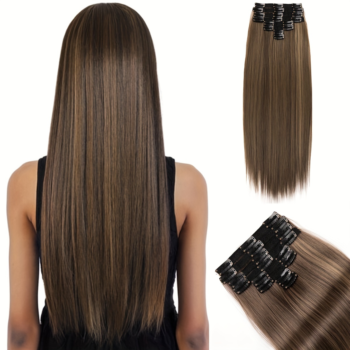 20 Inch 18 Clips Set Long Straight Hair Womens Clip In Pink
