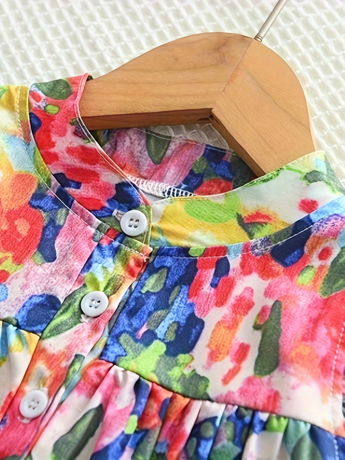 girls summer dress with   oil painting floral print   short sleeves contrast trim lightweight breathable fabric button front closure for casual playtime garden parties dresses for girls playtime outfit delicate detail design details 2