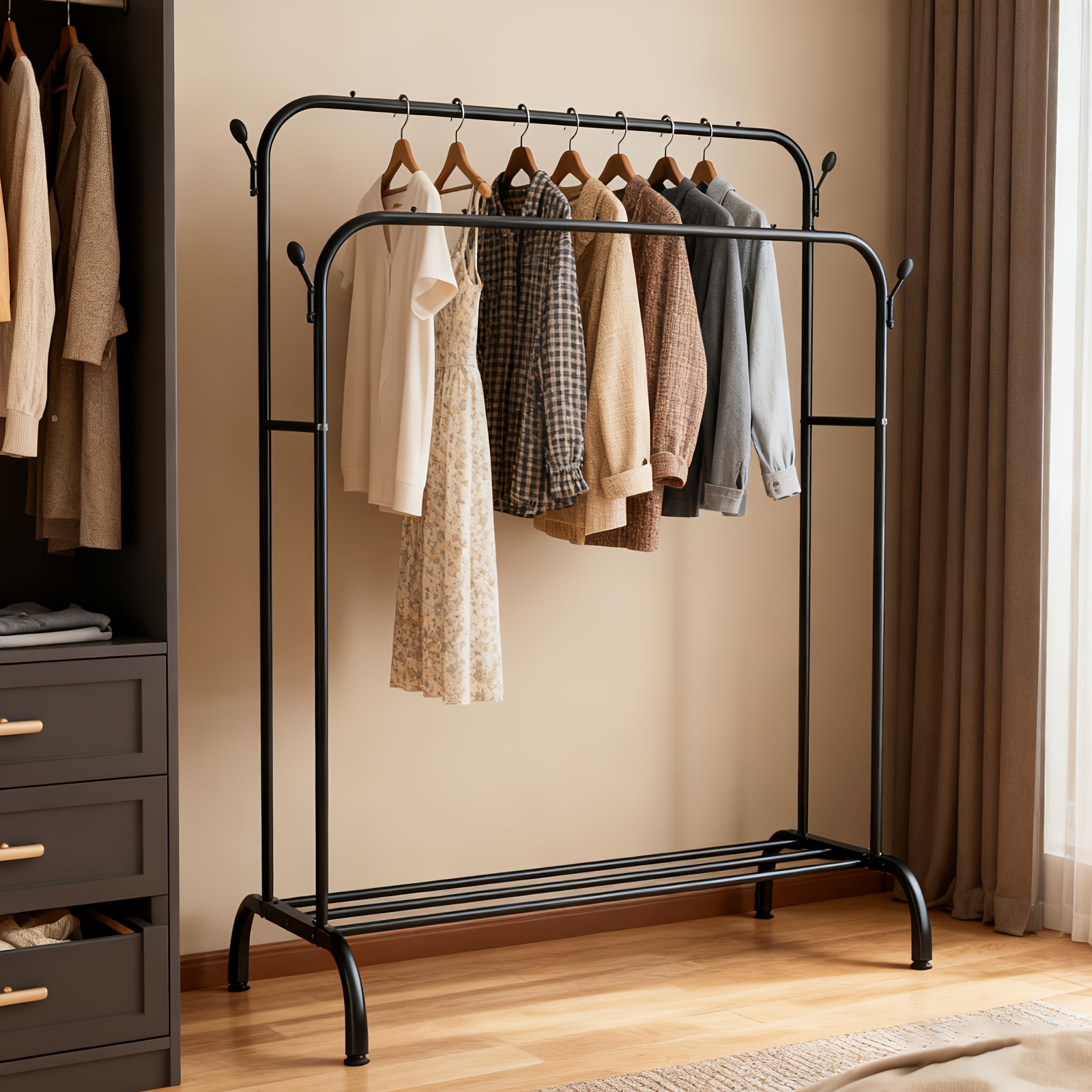 Clothes Drying Rack, Metal Clothes Rail Coat Stand Movable Freestanding Garment Rack Hanger Sturdy Shoe Rack & Clothes Rack With 8 Side Hooks For Bedroom Office Student Dormitory Clothes Airer