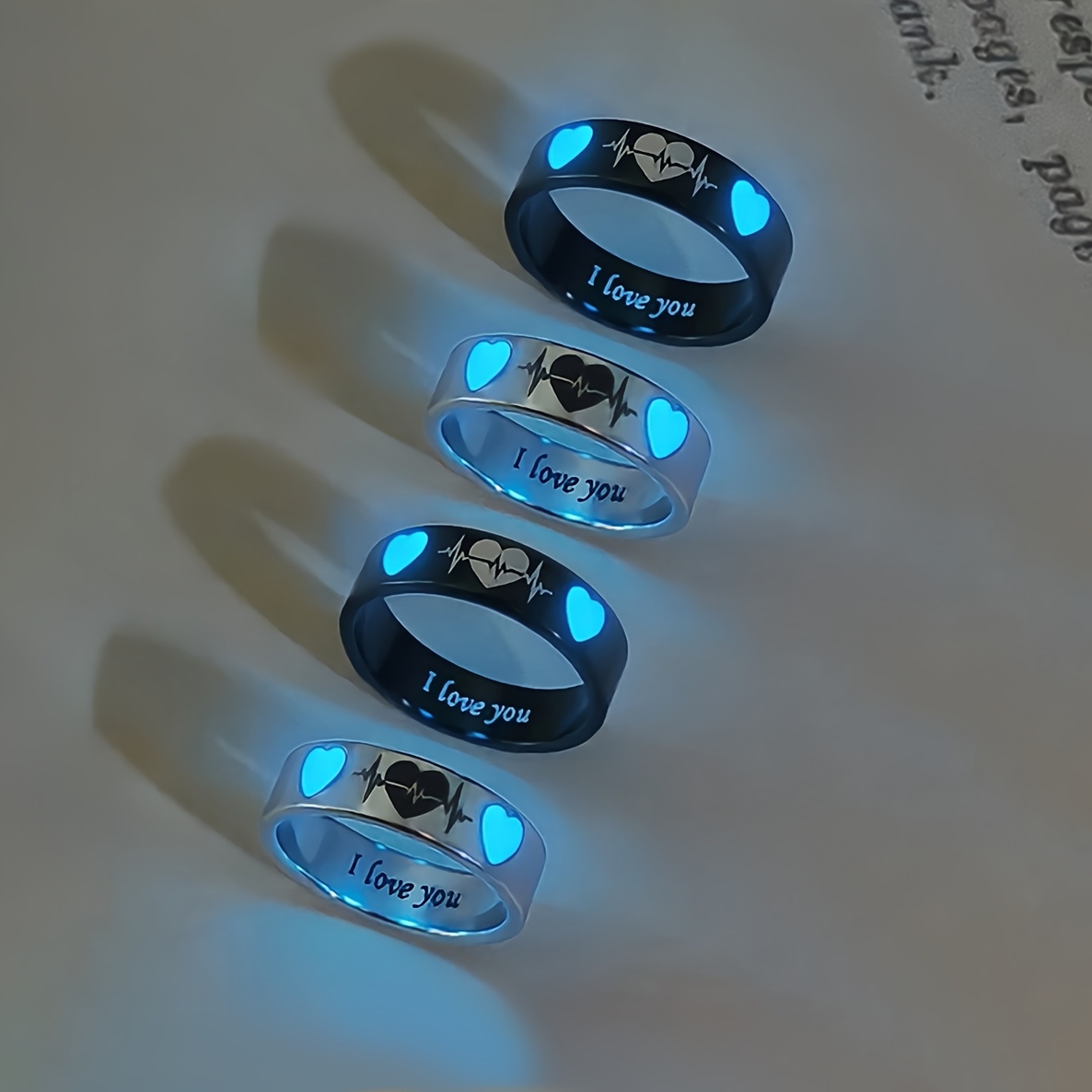 TEMU 4pcs/set Of Luminous Double-heart Heartbeating "i Love You" Couple Rings For , Fashionable Valentine's Day Commemorative, Rings For Lovers