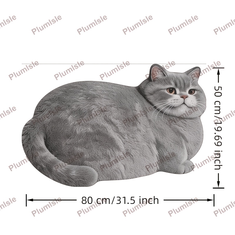 TEMU Faux Imitation Cashmere 900g + 9mm 2d Painting Tilted Head Blue Cat Bathroom Doorway Irregular Shaped Mat, Ins-style Adorable Cat Entrance Hall