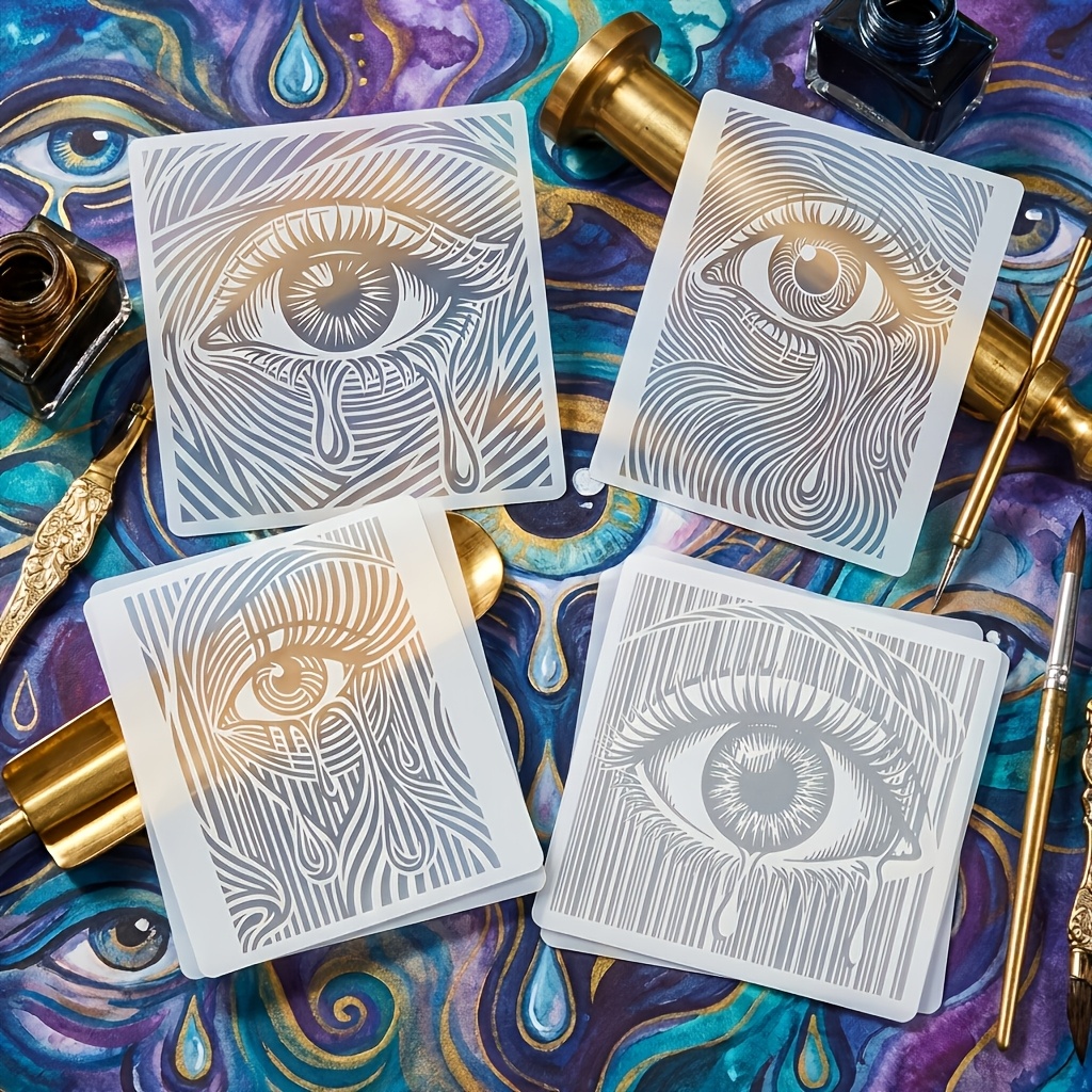 TEMU 4pcs Surreal Stencil Set Featuring Tearful Eyes - Weeping Eye Artwork With Detailed Designs, Wall Decoration, Canvas, Gothic Dark Feminine