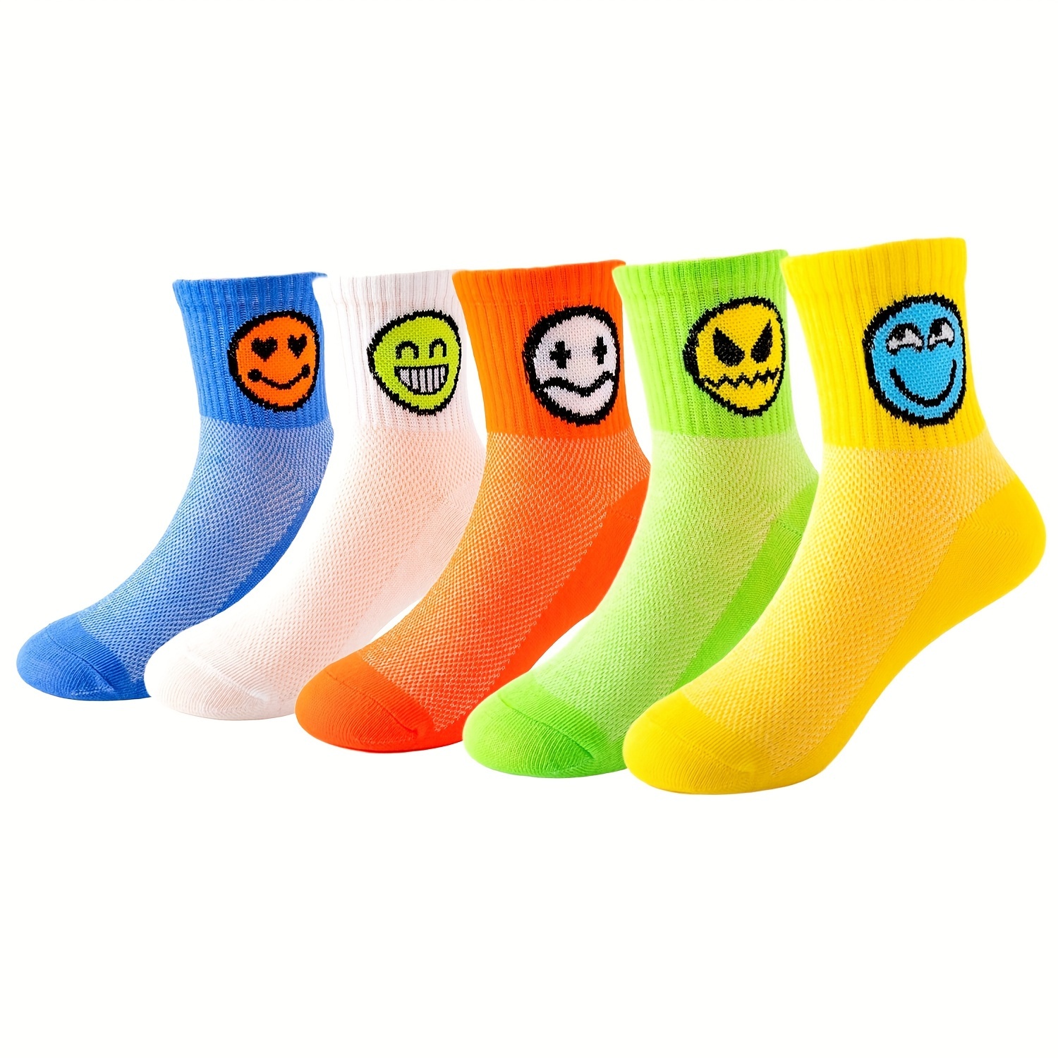 

5 Pairs Of Boy's Solid Colour & Cartoon Face Pattern Cotton Blend Crew Socks, Comfy Breathable Casual Soft & Elastic Socks, Spring & Summer