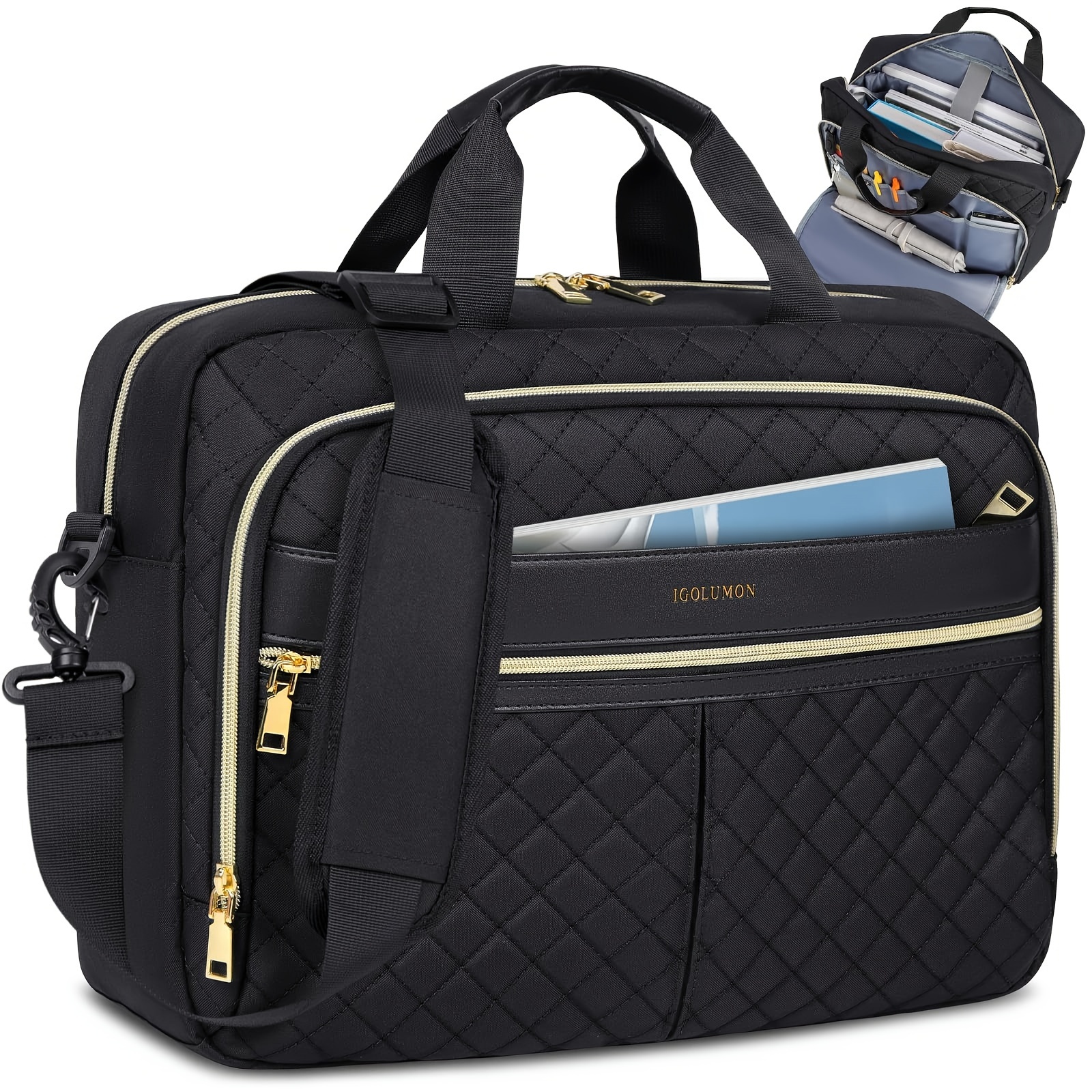 

Igolumon 17.3" Waterproof Laptop Bag - Quilted With Multiple Compartments, Adjustable Shoulder Strap, And Golden-tone Zippers For Business Travel And College