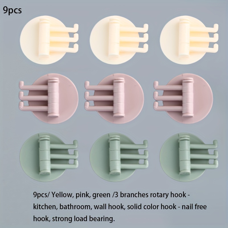 4/5/9pcs 3 In 1 Rotating Hooks, Kitchen Bathroom Wall Hooks, No Nail Hooks, Adhesive Three Prong
