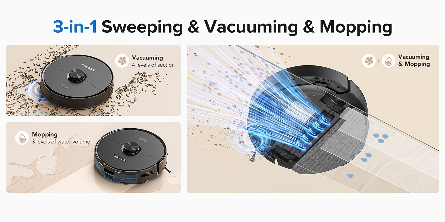 Die Lubluelu L15 MAX Saugroboter und Wischmopp ist eine verbesserte Version der L15 Plus, mit einer 3-in-1-Funktion zum Kehren, Saugen und Wischen. Sie wird mit einer selbstentleernden Station geliefert, die bis zu 3 Liter Fassungsvermögen für 70 Tage hat.